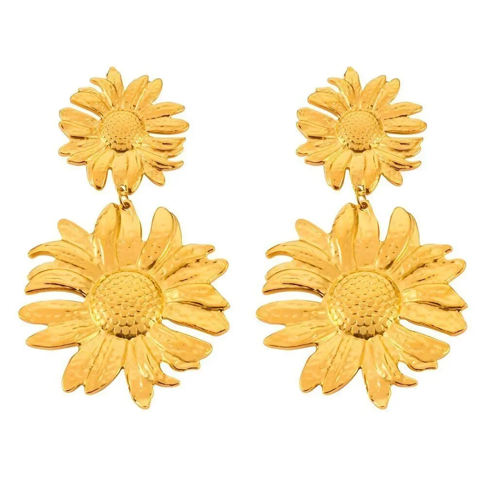 18K Gold Plated Women's Sunflower Pierced Earrings Dangling Bold Floral Chic